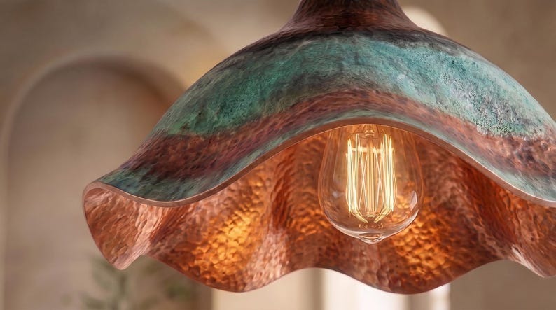 Handmade Moroccan Brass Pendant Light – Sculptural Wavy Dome Ceiling Lamp with Verdigris Green Patina, Hammered Copper Finish & Organic Petal Edge