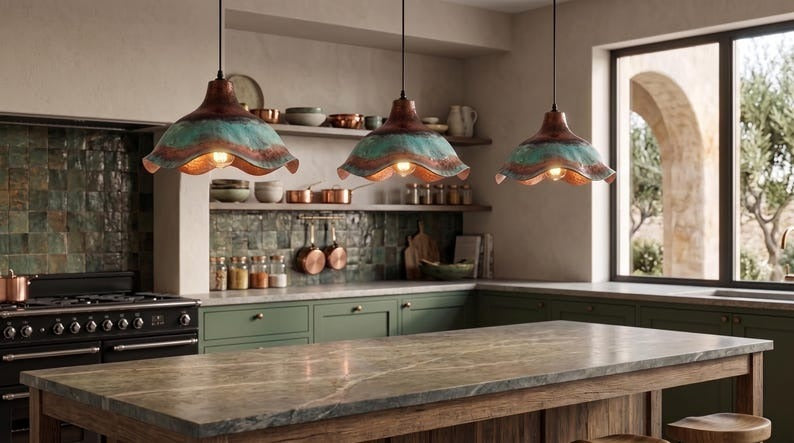 Handmade Moroccan Brass Pendant Light – Sculptural Wavy Dome Ceiling Lamp with Verdigris Green Patina, Hammered Copper Finish & Organic Petal Edge