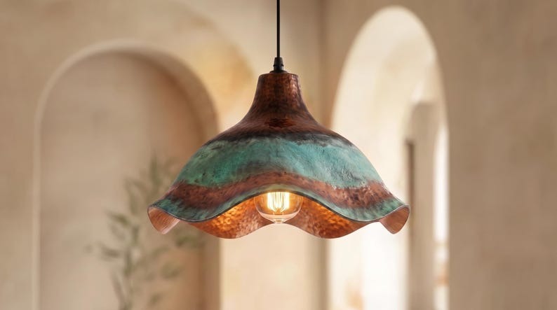 Handmade Moroccan Brass Pendant Light – Sculptural Wavy Dome Ceiling Lamp with Verdigris Green Patina, Hammered Copper Finish & Organic Petal Edge