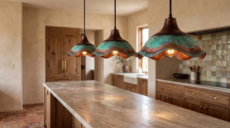 Handmade Moroccan Brass Pendant Light – Sculptural Wavy Dome Ceiling Lamp with Verdigris Green Patina, Hammered Copper Finish & Organic Petal Edge