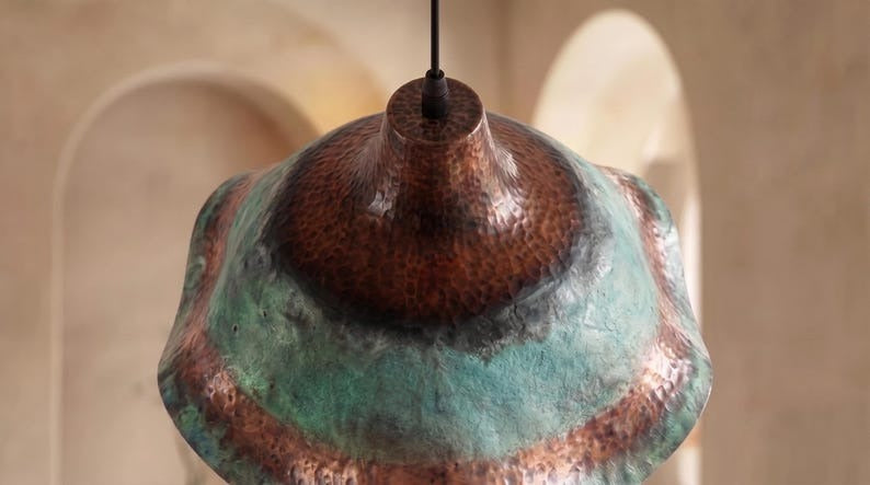 Handmade Moroccan Brass Pendant Light – Sculptural Wavy Dome Ceiling Lamp with Verdigris Green Patina, Hammered Copper Finish & Organic Petal Edge