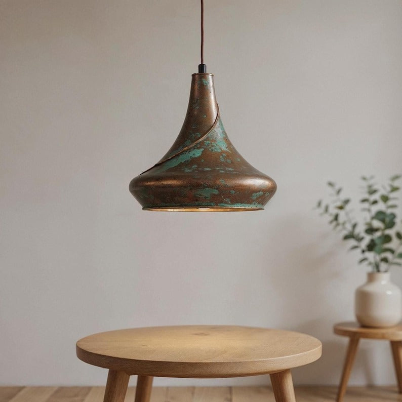Sculptural Aged Copper Pendant Light, Handmade Moroccan Green Patina Hanging Lamp, Rustic Verdigris Copper Kitchen Island Chandelier, Boho Farmhouse Ceiling Light Fixture