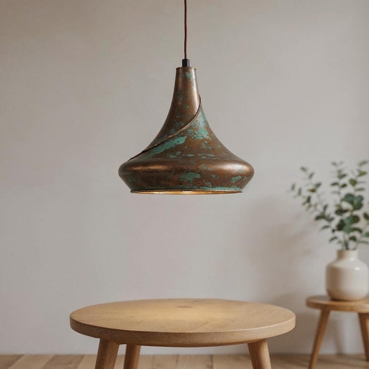 Sculptural Aged Copper Pendant Light, Handmade Moroccan Green Patina Hanging Lamp, Rustic Verdigris Copper Kitchen Island Chandelier, Boho Farmhouse Ceiling Light Fixture