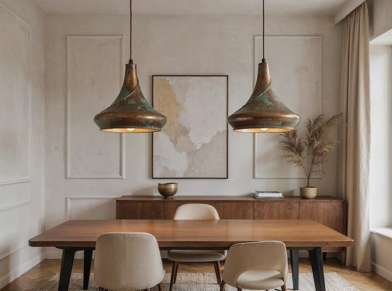 Sculptural Aged Copper Pendant Light, Handmade Moroccan Green Patina Hanging Lamp, Rustic Verdigris Copper Kitchen Island Chandelier, Boho Farmhouse Ceiling Light Fixture