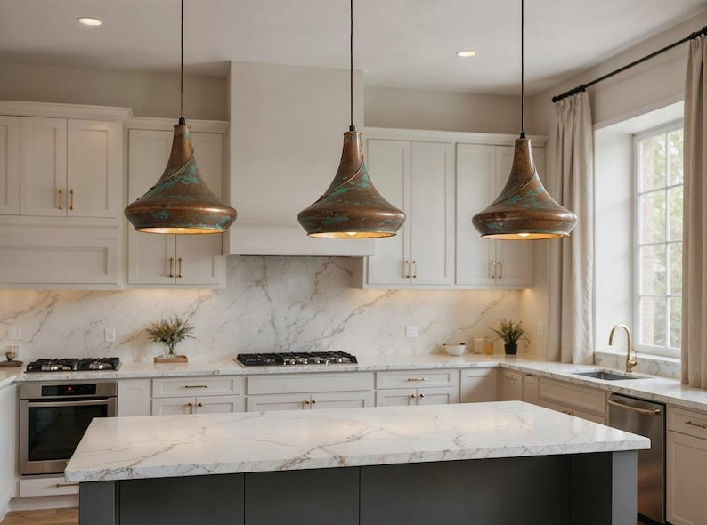 Sculptural Aged Copper Pendant Light, Handmade Moroccan Green Patina Hanging Lamp, Rustic Verdigris Copper Kitchen Island Chandelier, Boho Farmhouse Ceiling Light Fixture