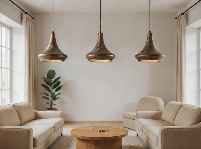 Sculptural Aged Copper Pendant Light, Handmade Moroccan Green Patina Hanging Lamp, Rustic Verdigris Copper Kitchen Island Chandelier, Boho Farmhouse Ceiling Light Fixture