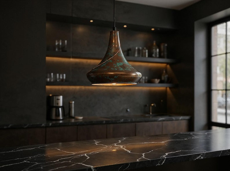 Sculptural Aged Copper Pendant Light, Handmade Moroccan Green Patina Hanging Lamp, Rustic Verdigris Copper Kitchen Island Chandelier, Boho Farmhouse Ceiling Light Fixture