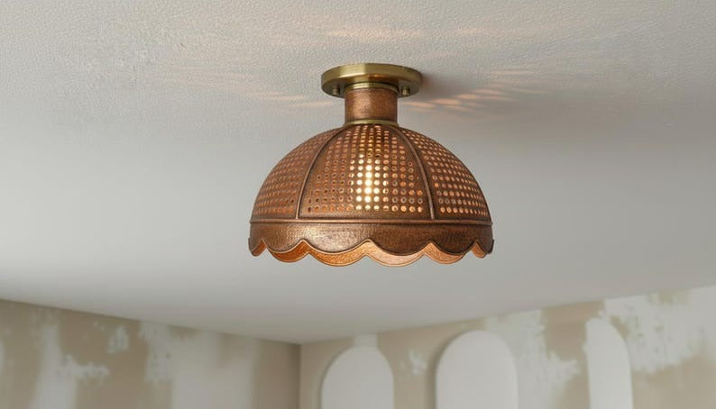 Handmade Moroccan Brass Semi-Flush Mount Ceiling Light – Pierced Antique Copper Dome Lamp with Scalloped Edge