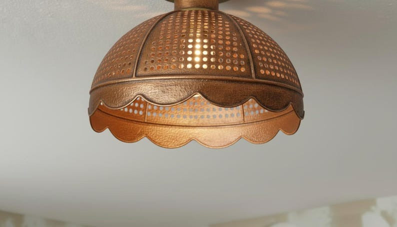 Handmade Moroccan Brass Semi-Flush Mount Ceiling Light – Pierced Antique Copper Dome Lamp with Scalloped Edge