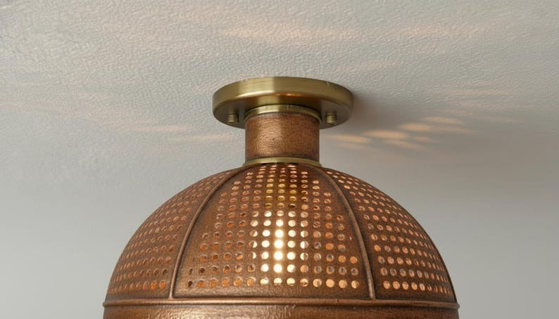 Handmade Moroccan Brass Semi-Flush Mount Ceiling Light – Pierced Antique Copper Dome Lamp with Scalloped Edge