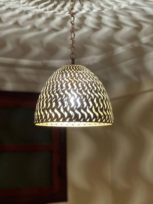 Handmade Moroccan Brass Dome Pendant Light – Pierced Brass Shadow Ceiling Lamp with Flame Cutout Pattern, Boho Moroccan Hanging Light for Dining Room, Kitchen Island, Bedroom, Entryway & Living Room