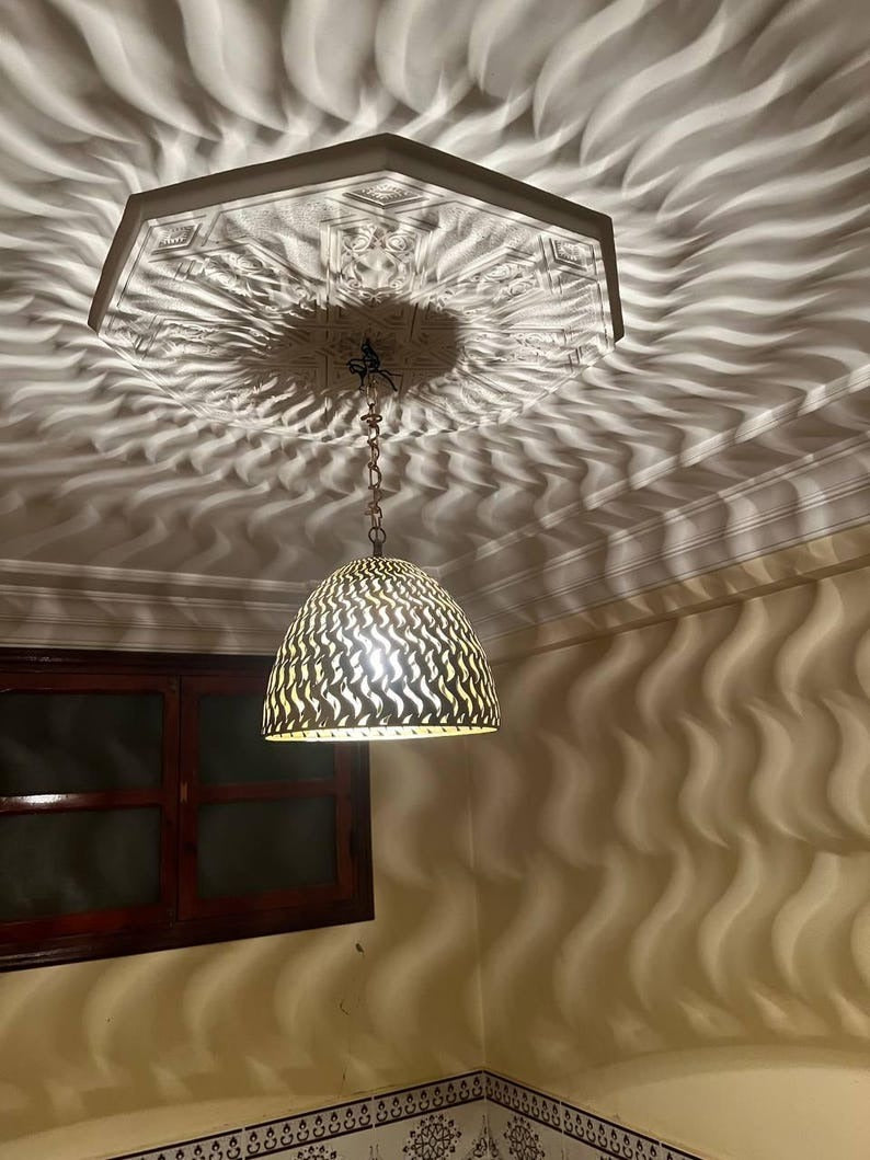 Handmade Moroccan Brass Dome Pendant Light – Pierced Brass Shadow Ceiling Lamp with Flame Cutout Pattern, Boho Moroccan Hanging Light for Dining Room, Kitchen Island, Bedroom, Entryway & Living Room