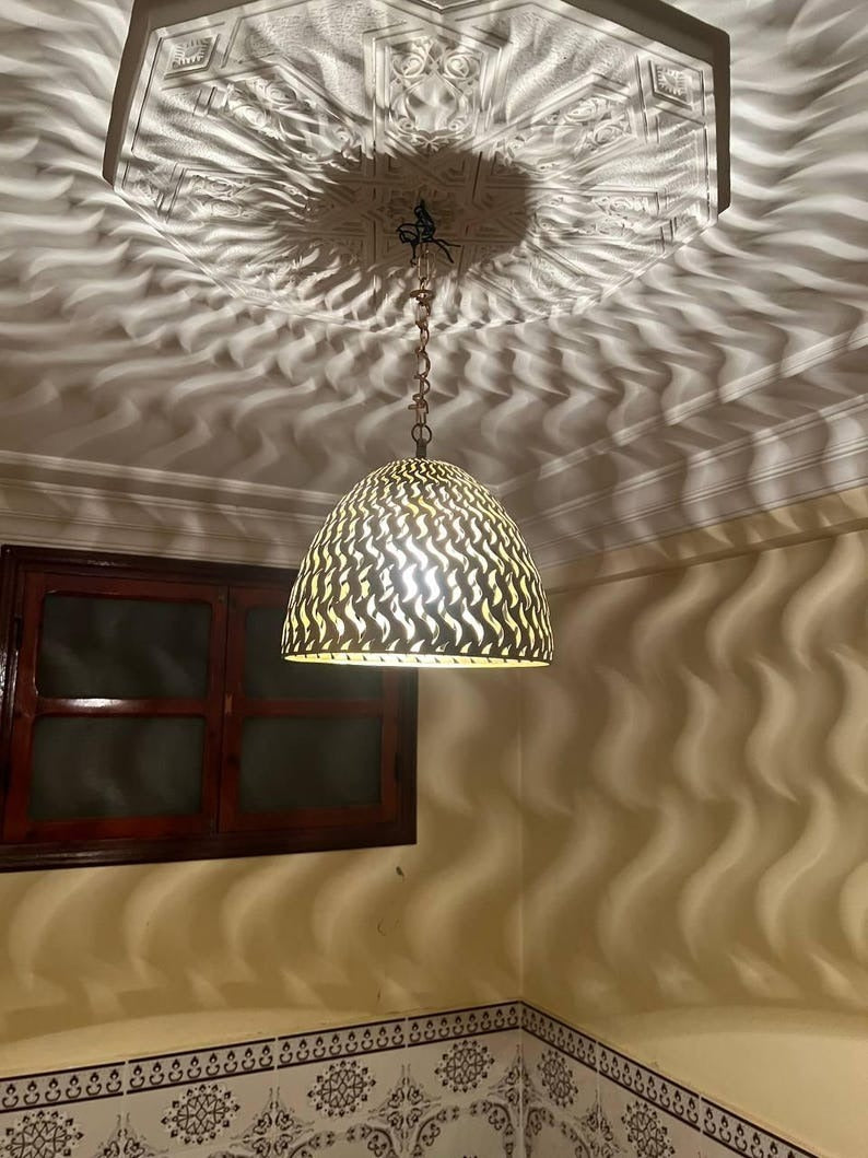 Handmade Moroccan Brass Dome Pendant Light – Pierced Brass Shadow Ceiling Lamp with Flame Cutout Pattern, Boho Moroccan Hanging Light for Dining Room, Kitchen Island, Bedroom, Entryway & Living Room