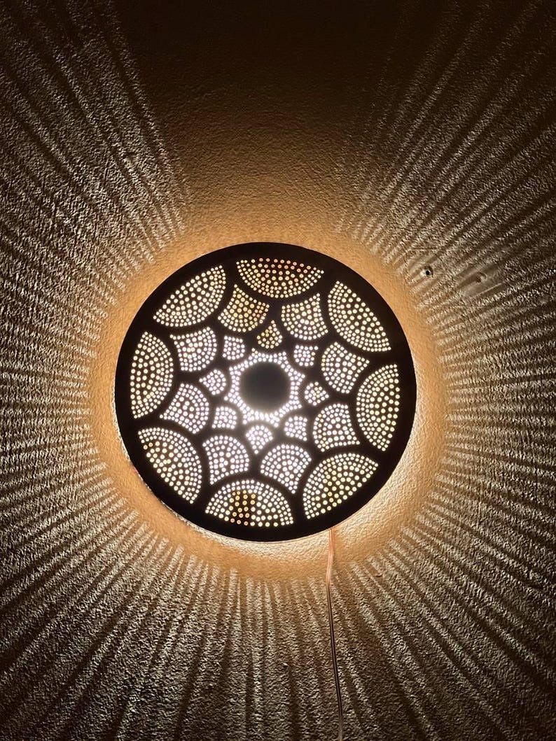 Handmade Moroccan Brass Wall Sconce – Round Pierced Metal Shadow Lamp with Fish Scale Pattern for Hallway, Bedroom & Boho Home Décor