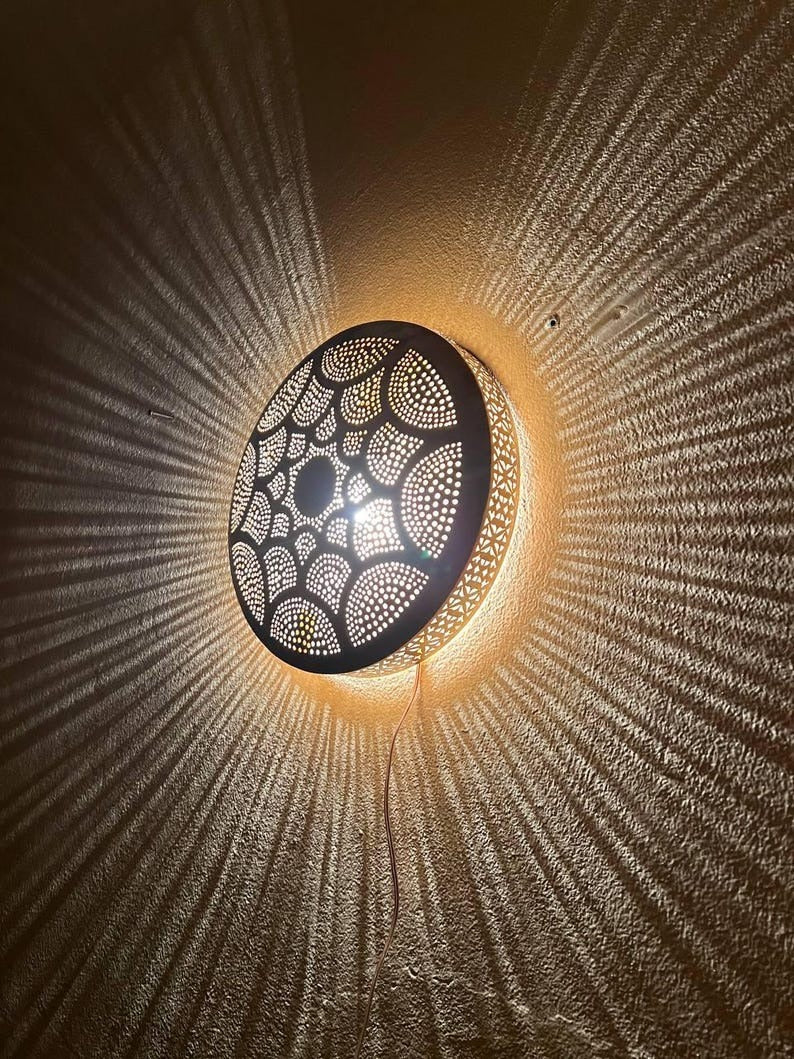 Handmade Moroccan Brass Wall Sconce – Round Pierced Metal Shadow Lamp with Fish Scale Pattern for Hallway, Bedroom & Boho Home Décor