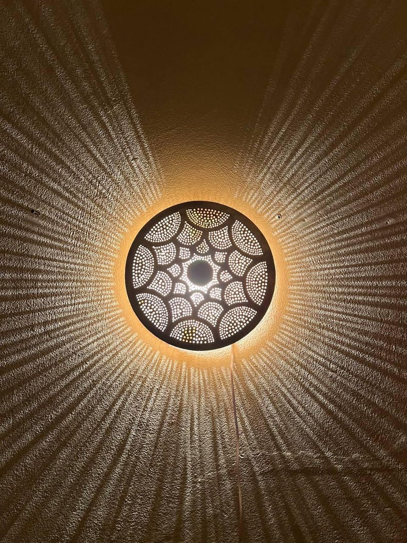 Handmade Moroccan Brass Wall Sconce – Round Pierced Metal Shadow Lamp with Fish Scale Pattern for Hallway, Bedroom & Boho Home Décor