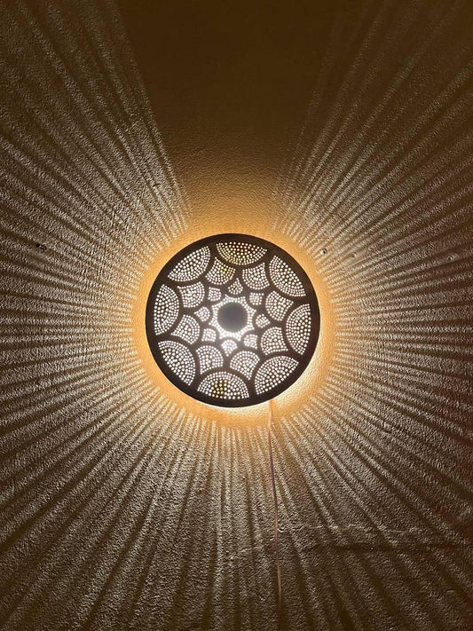 Handmade Moroccan Brass Wall Sconce – Round Pierced Metal Shadow Lamp with Fish Scale Pattern for Hallway, Bedroom & Boho Home Décor