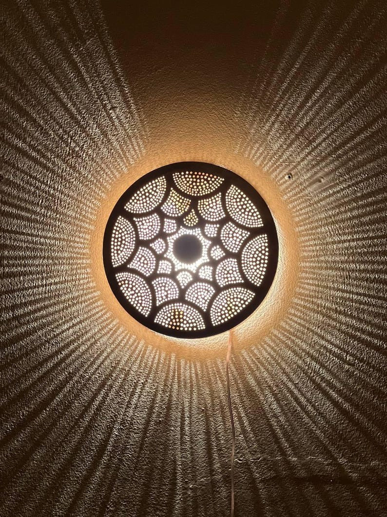 Handmade Moroccan Brass Wall Sconce – Round Pierced Metal Shadow Lamp with Fish Scale Pattern for Hallway, Bedroom & Boho Home Décor