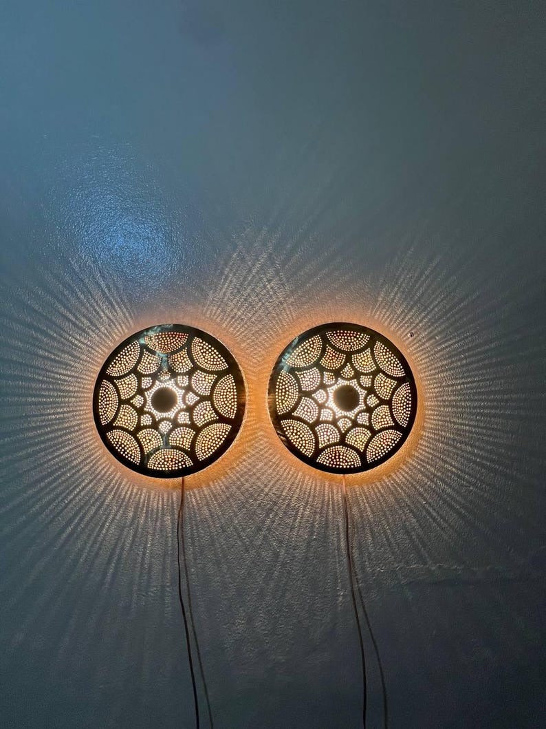 Handmade Moroccan Brass Wall Sconce – Round Pierced Metal Shadow Lamp with Fish Scale Pattern for Hallway, Bedroom & Boho Home Décor