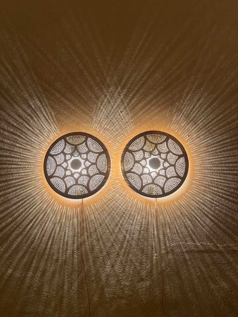 Handmade Moroccan Brass Wall Sconce – Round Pierced Metal Shadow Lamp with Fish Scale Pattern for Hallway, Bedroom & Boho Home Décor