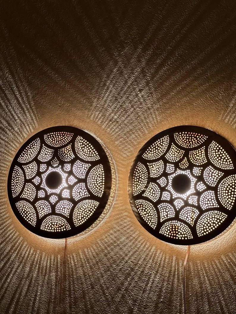 Handmade Moroccan Brass Wall Sconce – Round Pierced Metal Shadow Lamp with Fish Scale Pattern for Hallway, Bedroom & Boho Home Décor