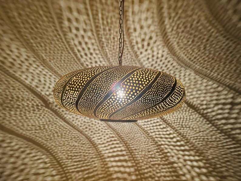 Handmade Moroccan Brass Oval Pendant Light – Pierced Brass Hanging Lantern with Flowing Wave Pattern and Dramatic Shadow Projection for Dining Room, Living Room & Entryway