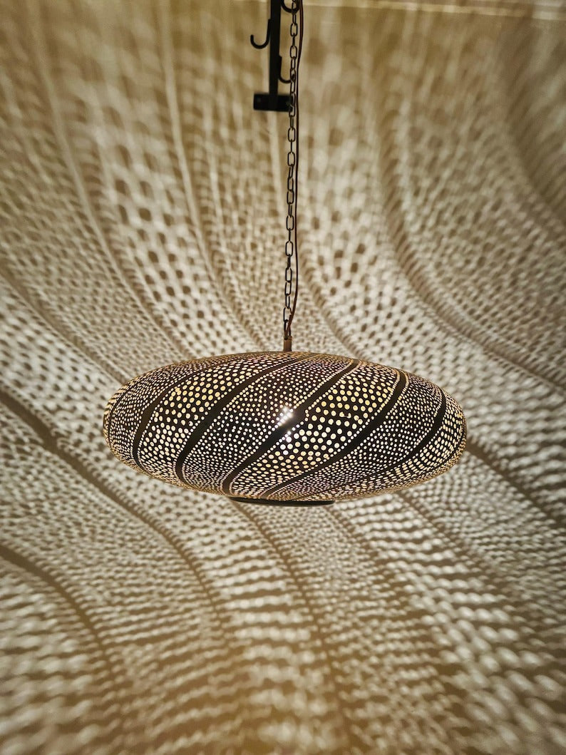 Handmade Moroccan Brass Oval Pendant Light – Pierced Brass Hanging Lantern with Flowing Wave Pattern and Dramatic Shadow Projection for Dining Room, Living Room & Entryway