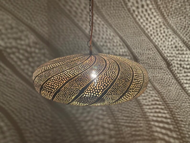 Handmade Moroccan Brass Oval Pendant Light – Pierced Brass Hanging Lantern with Flowing Wave Pattern and Dramatic Shadow Projection for Dining Room, Living Room & Entryway