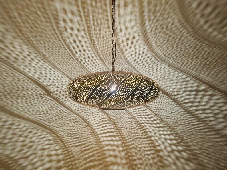 Handmade Moroccan Brass Oval Pendant Light – Pierced Brass Hanging Lantern with Flowing Wave Pattern and Dramatic Shadow Projection for Dining Room, Living Room & Entryway
