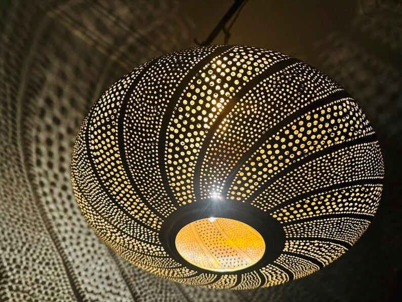 Handmade Moroccan Brass Oval Pendant Light – Pierced Brass Hanging Lantern with Flowing Wave Pattern and Dramatic Shadow Projection for Dining Room, Living Room & Entryway
