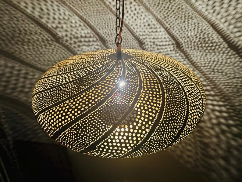 Handmade Moroccan Brass Oval Pendant Light – Pierced Brass Hanging Lantern with Flowing Wave Pattern and Dramatic Shadow Projection for Dining Room, Living Room & Entryway