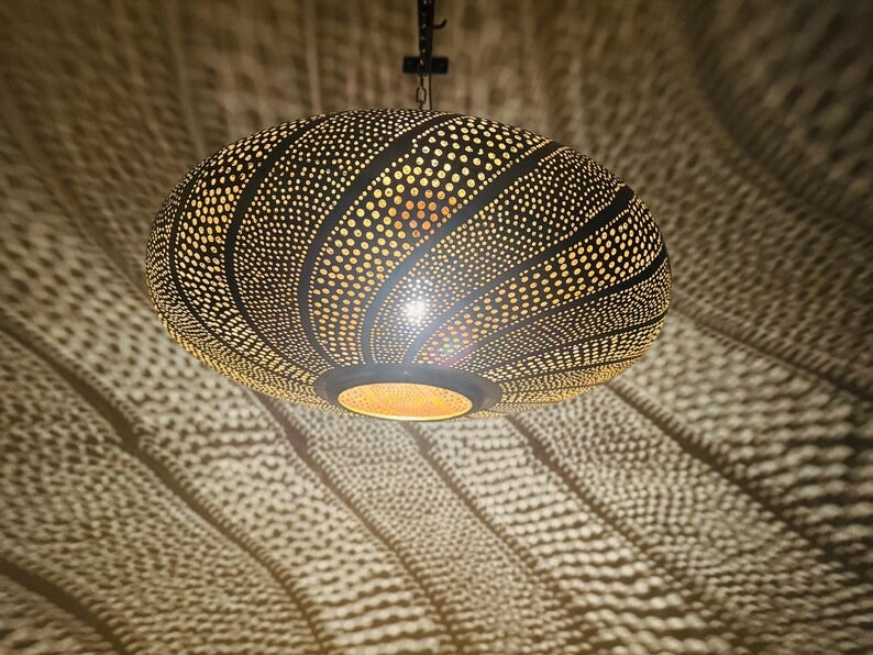 Handmade Moroccan Brass Oval Pendant Light – Pierced Brass Hanging Lantern with Flowing Wave Pattern and Dramatic Shadow Projection for Dining Room, Living Room & Entryway