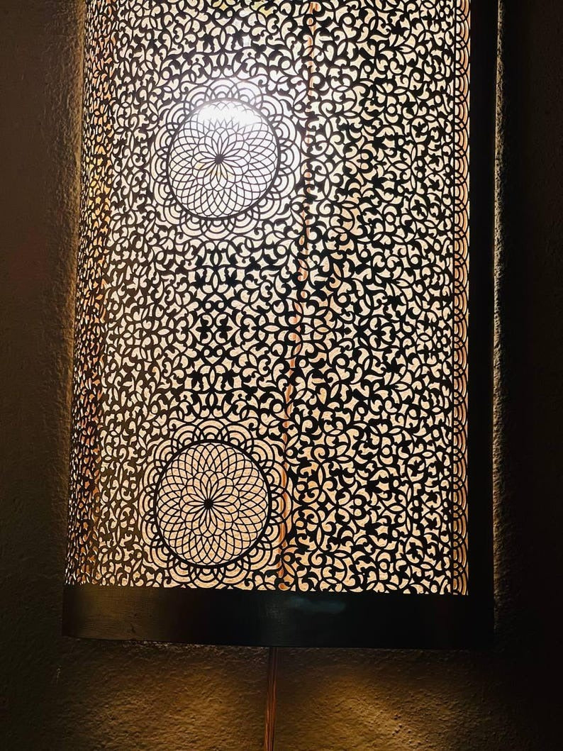 Handmade Moroccan Brass Wall Sconce – Perforated Brass Shadow Wall Light with Floral Pattern, Boho Moroccan Lantern Sconce for Bedroom, Hallway, Stairway, Entryway & Living Room