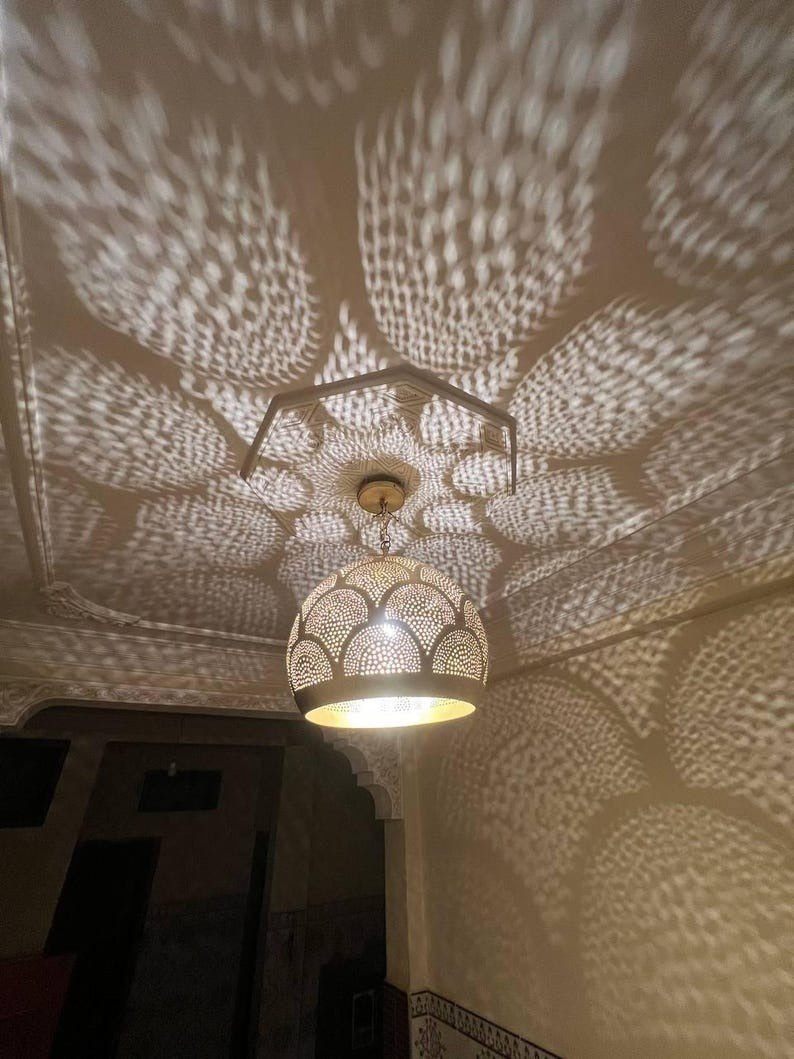 Handmade Moroccan Brass Pendant Light – Pierced Brass Shadow Lamp with Fish Scale Pattern for Bedroom, Entryway, Hallway & Boho Home Décor