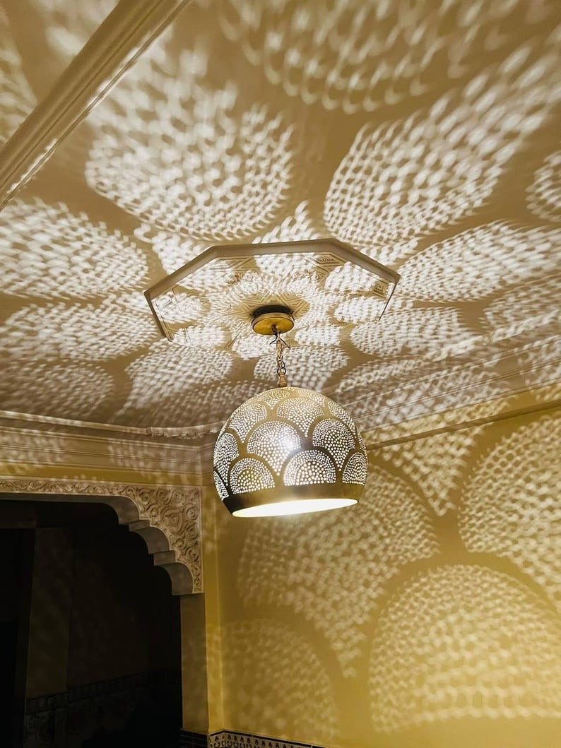 Handmade Moroccan Brass Pendant Light – Pierced Brass Shadow Lamp with Fish Scale Pattern for Bedroom, Entryway, Hallway & Boho Home Décor