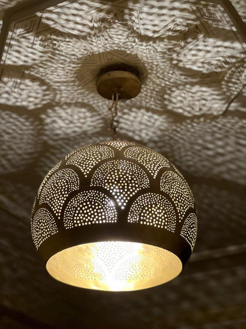 Handmade Moroccan Brass Pendant Light – Pierced Brass Shadow Lamp with Fish Scale Pattern for Bedroom, Entryway, Hallway & Boho Home Décor