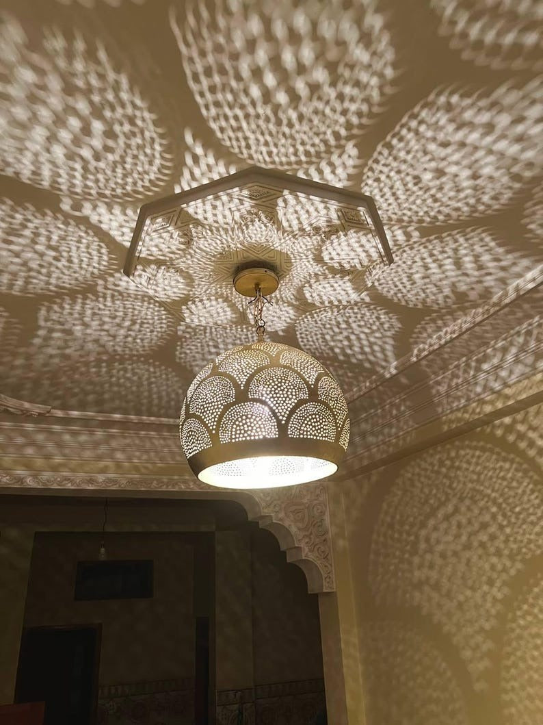 Handmade Moroccan Brass Pendant Light – Pierced Brass Shadow Lamp with Fish Scale Pattern for Bedroom, Entryway, Hallway & Boho Home Décor