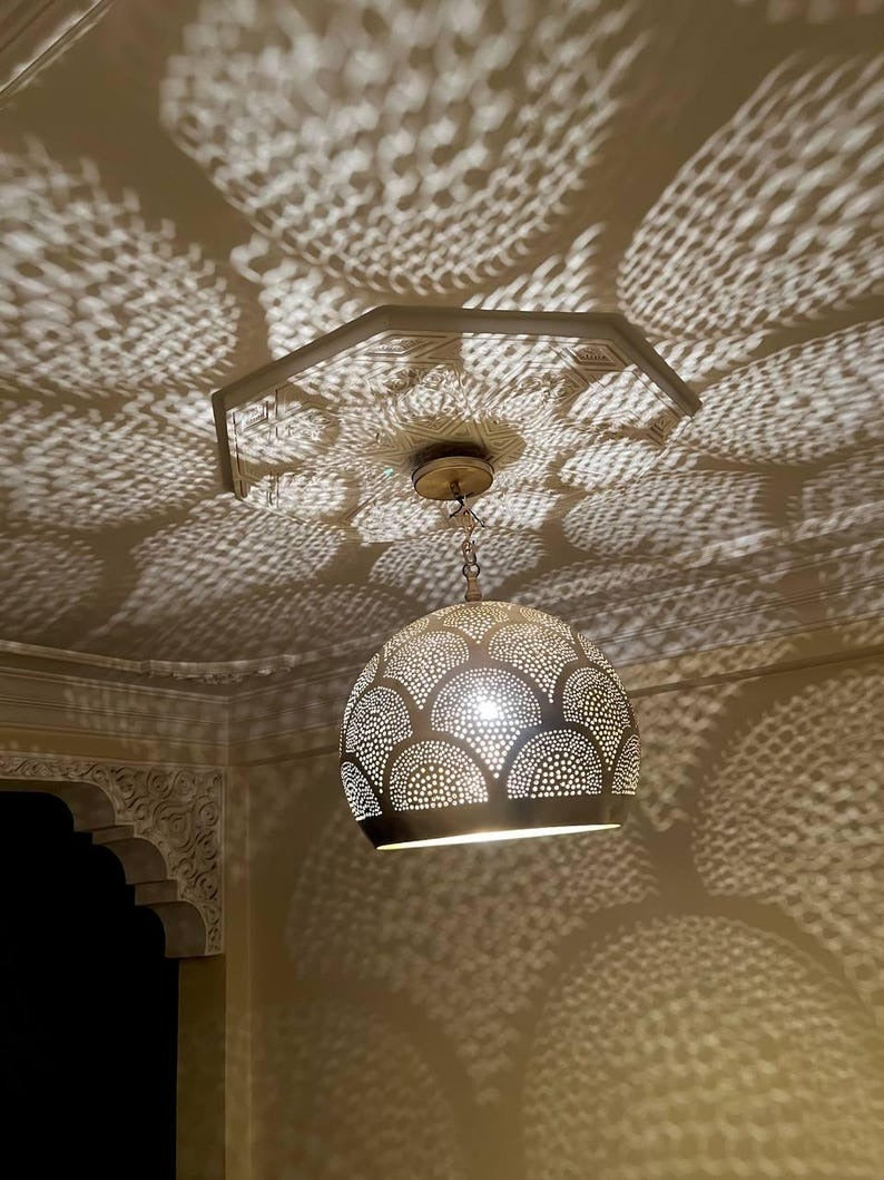 Handmade Moroccan Brass Pendant Light – Pierced Brass Shadow Lamp with Fish Scale Pattern for Bedroom, Entryway, Hallway & Boho Home Décor