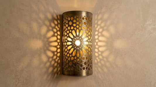 Handmade Brass Moroccan Wall Sconce – Pierced Brass Star Pattern Shadow Wall Light, Boho Cylinder Wall Lamp, Artisan Moroccan Lighting Fixture