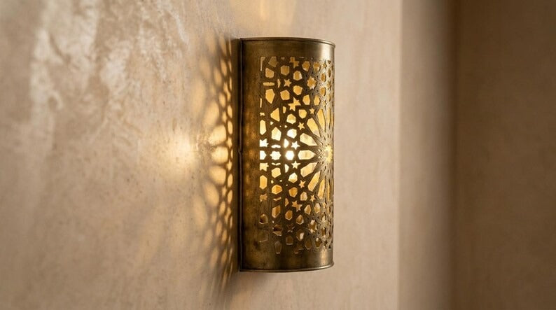 Handmade Brass Moroccan Wall Sconce – Pierced Brass Star Pattern Shadow Wall Light, Boho Cylinder Wall Lamp, Artisan Moroccan Lighting Fixture