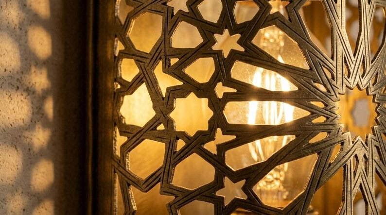 Handmade Brass Moroccan Wall Sconce – Pierced Brass Star Pattern Shadow Wall Light, Boho Cylinder Wall Lamp, Artisan Moroccan Lighting Fixture
