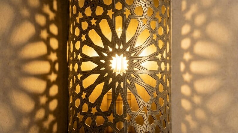 Handmade Brass Moroccan Wall Sconce – Pierced Brass Star Pattern Shadow Wall Light, Boho Cylinder Wall Lamp, Artisan Moroccan Lighting Fixture