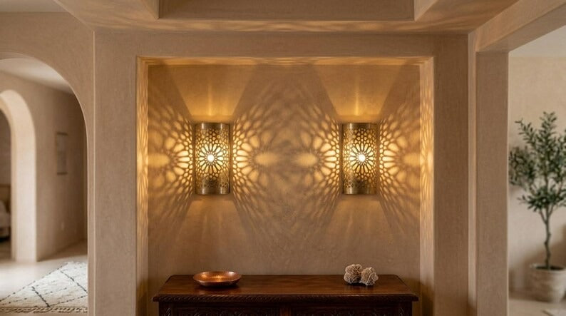 Handmade Brass Moroccan Wall Sconce – Pierced Brass Star Pattern Shadow Wall Light, Boho Cylinder Wall Lamp, Artisan Moroccan Lighting Fixture