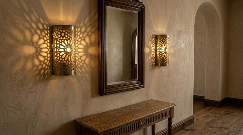Handmade Brass Moroccan Wall Sconce – Pierced Brass Star Pattern Shadow Wall Light, Boho Cylinder Wall Lamp, Artisan Moroccan Lighting Fixture