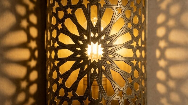 Handmade Brass Moroccan Wall Sconce – Pierced Brass Star Pattern Shadow Wall Light, Boho Cylinder Wall Lamp, Artisan Moroccan Lighting Fixture
