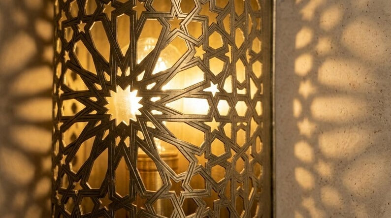 Handmade Brass Moroccan Wall Sconce – Pierced Brass Star Pattern Shadow Wall Light, Boho Cylinder Wall Lamp, Artisan Moroccan Lighting Fixture