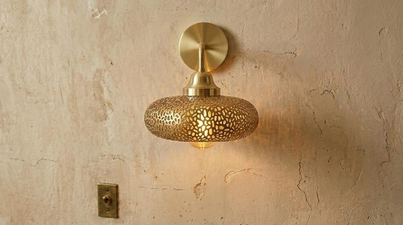 Handmade Brass Wall Sconce – Pierced Brass Dome Wall Light with Floral Cutout Pattern, Moroccan Boho Shadow Wall Lamp, Rustic Farmhouse Lighting Fixture