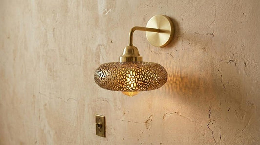 Handmade Brass Wall Sconce – Pierced Brass Dome Wall Light with Floral Cutout Pattern, Moroccan Boho Shadow Wall Lamp, Rustic Farmhouse Lighting Fixture