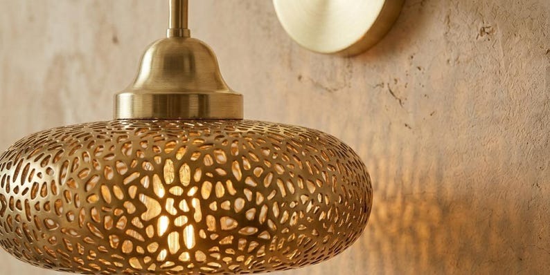 Handmade Brass Wall Sconce – Pierced Brass Dome Wall Light with Floral Cutout Pattern, Moroccan Boho Shadow Wall Lamp, Rustic Farmhouse Lighting Fixture