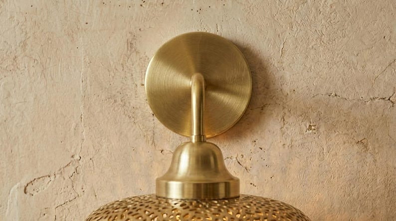 Handmade Brass Wall Sconce – Pierced Brass Dome Wall Light with Floral Cutout Pattern, Moroccan Boho Shadow Wall Lamp, Rustic Farmhouse Lighting Fixture
